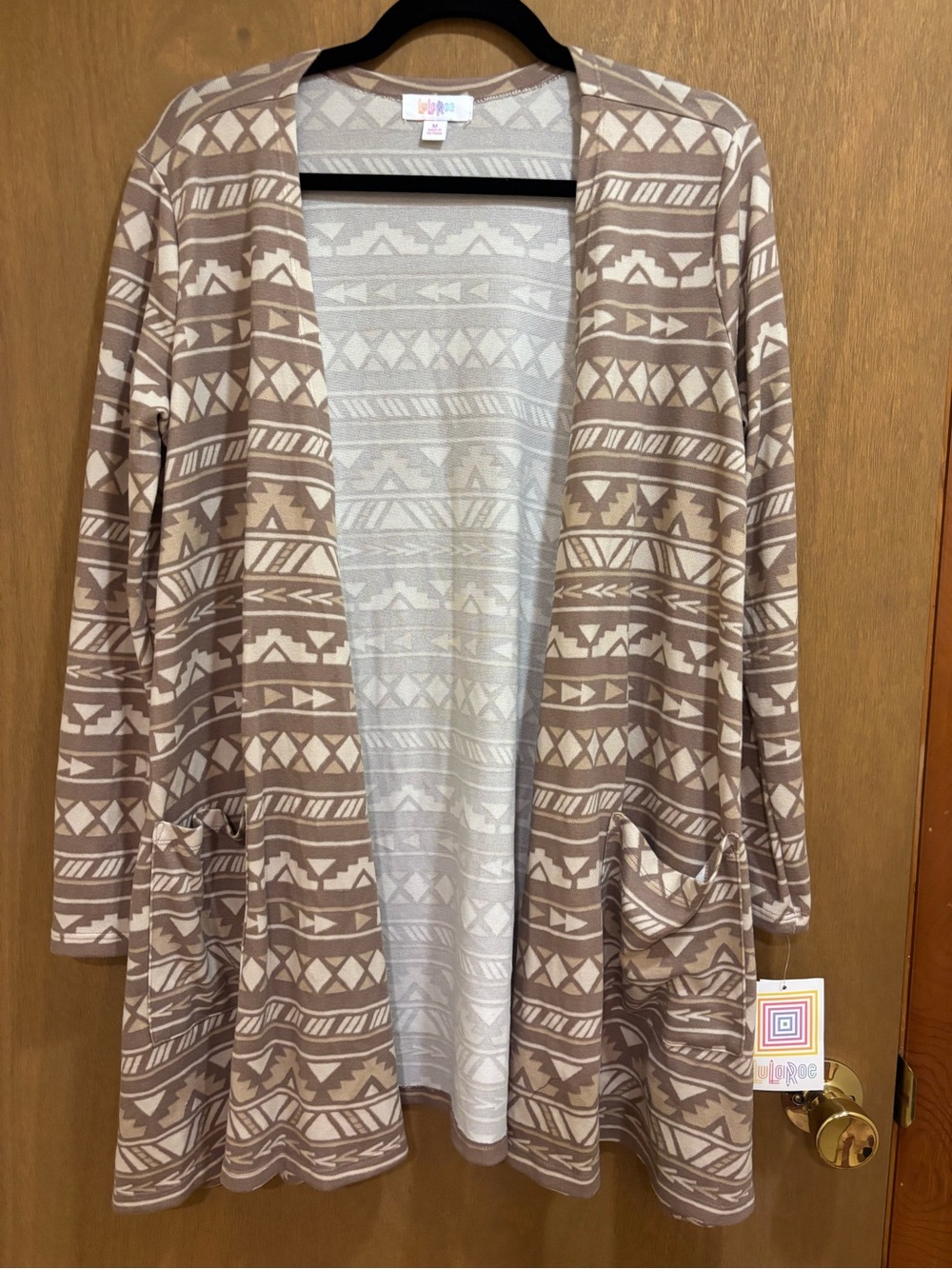 NWT LuLaRoe Caroline Cardigan Sweater Tan Cream Geometric Aztec Print Medium